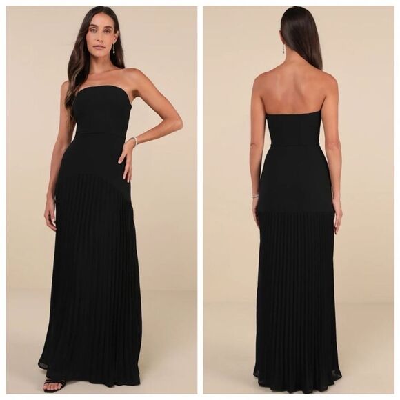 Lulus Celebratory Aesthetic Black Pleated Strapless Maxi Dress Size Large NEW - Picture 1 of 7